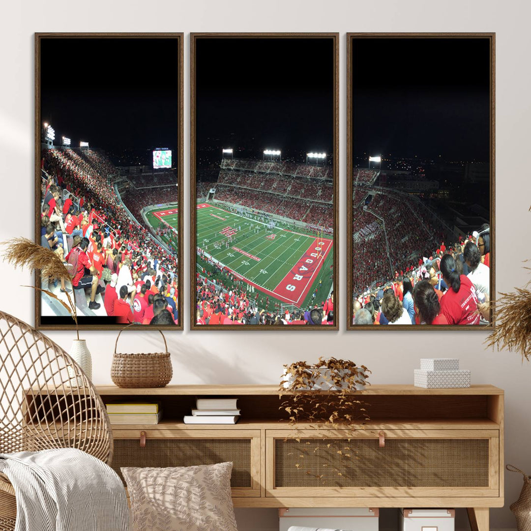 The wall art canvas print features a scene from a packed TDECU Stadium at night, highlighting the field and scoreboard.