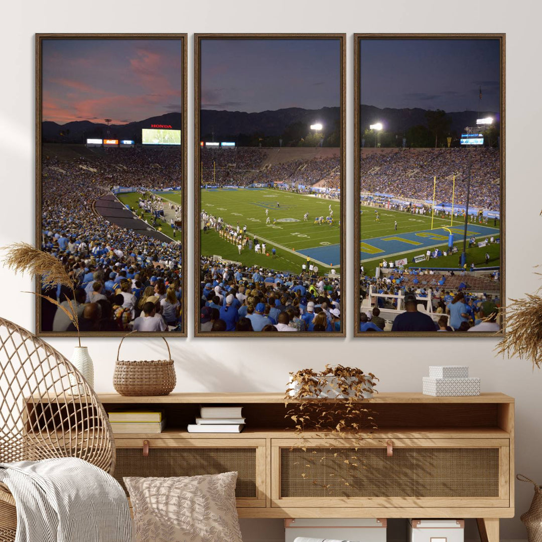 Admire the stunning wall art canvas depicting a UCLA Bruins game with a sunset over the Pasadena Rose Bowl Stadium.