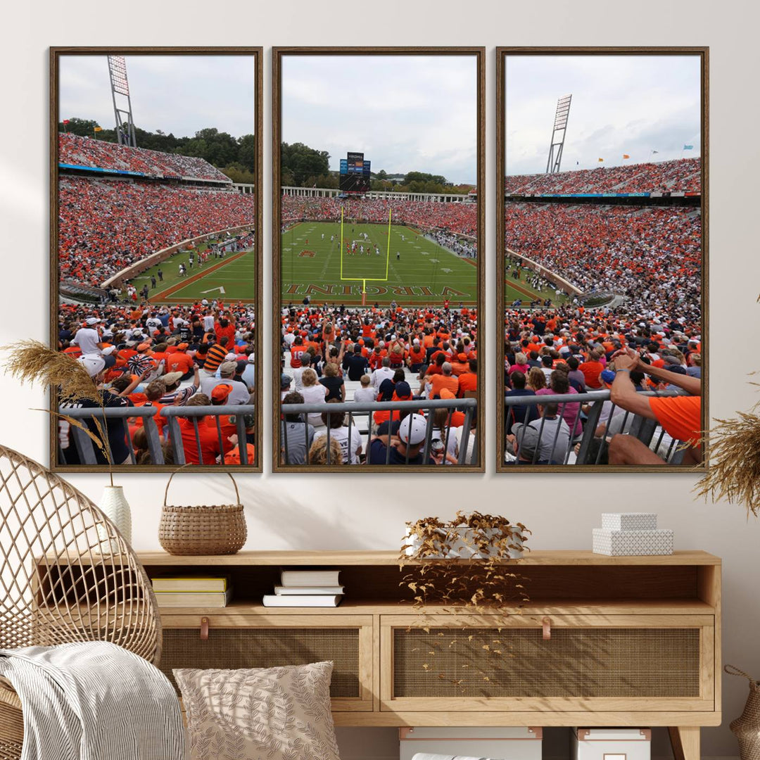 The Virginia Cavaliers Wall Art Canvas Print features a thrilling game at Scott Stadium surrounded by greenery.