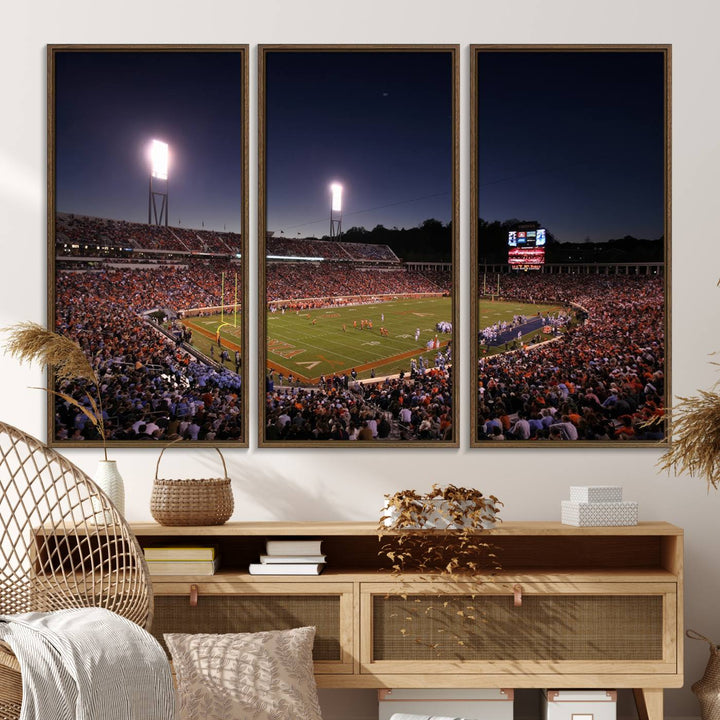 A nighttime game at Scott Stadium, floodlit—a scene from the Virginia Cavaliers Football art print.