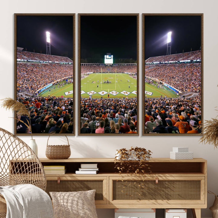 A Virginia Cavaliers Wall Art Canvas Print captures Scott Stadium filled with fans under the night sky.