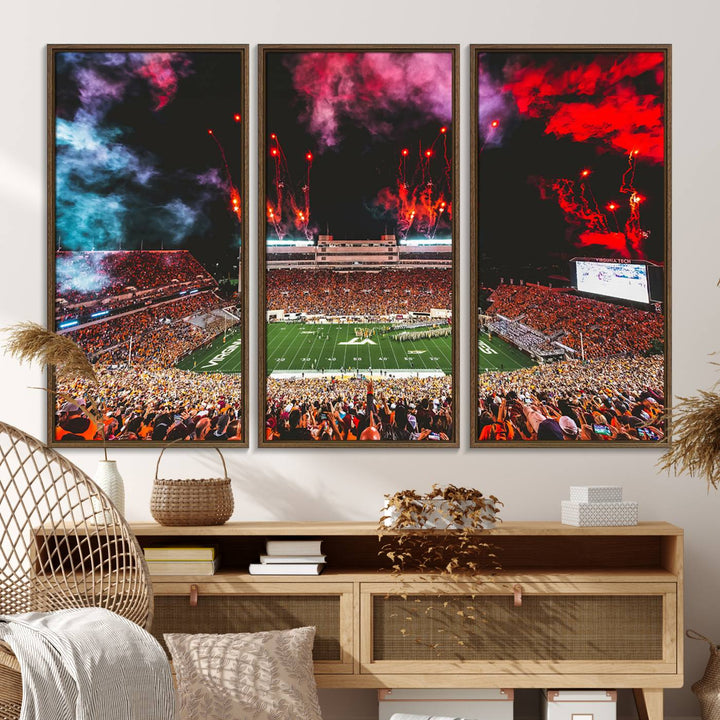 A Hokies football canvas print displays Lane Stadium at night with fireworks.