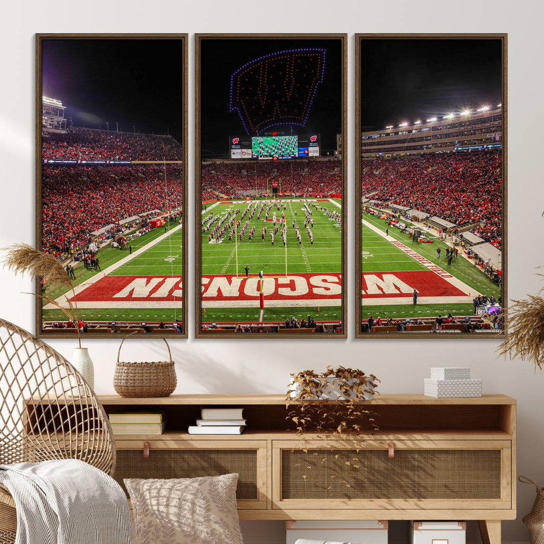 A premium canvas print captures a vibrant scene of Camp Randall Stadium featuring a lively football game with cheering fans and the energetic movements of the band.