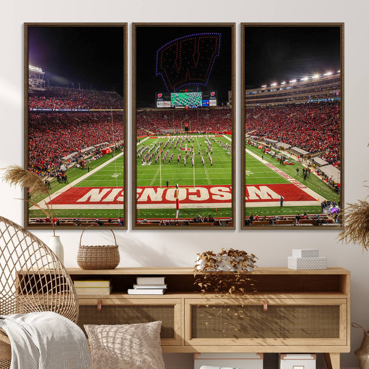 A premium canvas print captures a vibrant scene of Camp Randall Stadium featuring a lively football game with cheering fans and the energetic movements of the band.