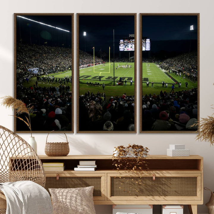 A Purdue Boilermakers canvas print beautifully showcases Ross–Ade Stadium in West Lafayette, vibrant with fans and a large screen display.