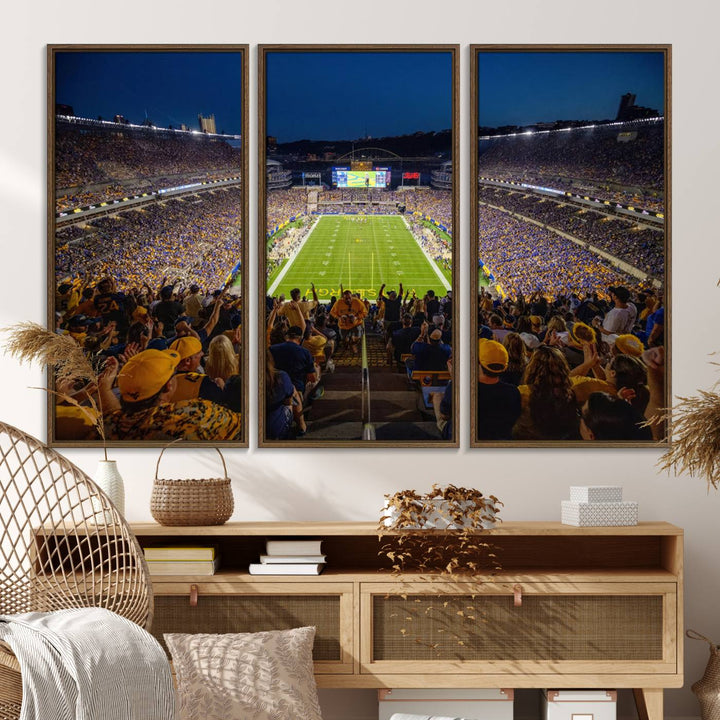 A Pittsburgh Panthers Acrisure Stadium canvas print captures the thrill of a packed stadium under lights and fans cheering.