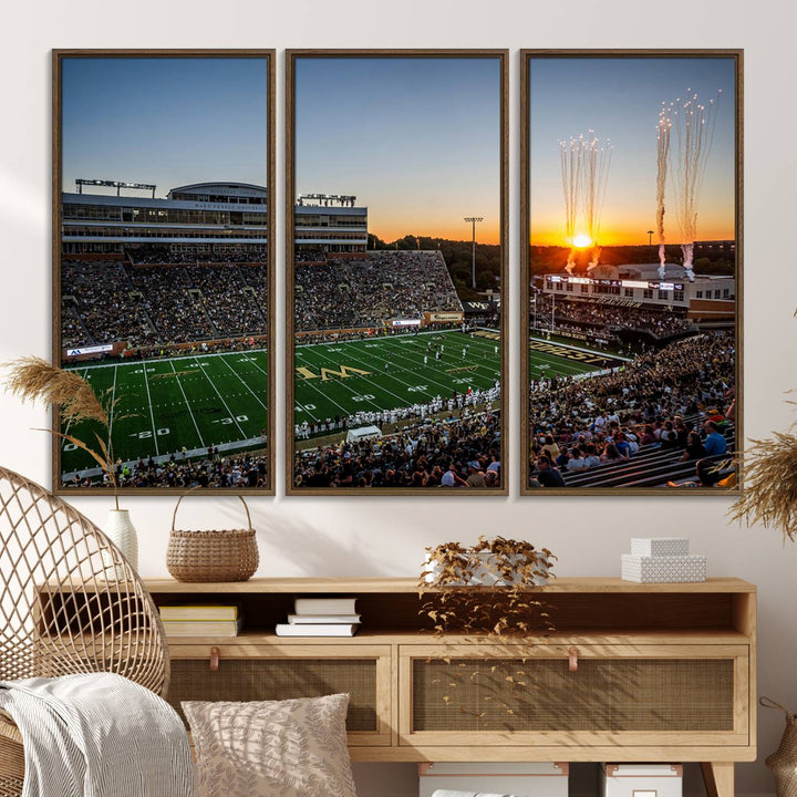 Canvas wall art print depicting the Demon Deacons football stadium at sunset with fireworks.