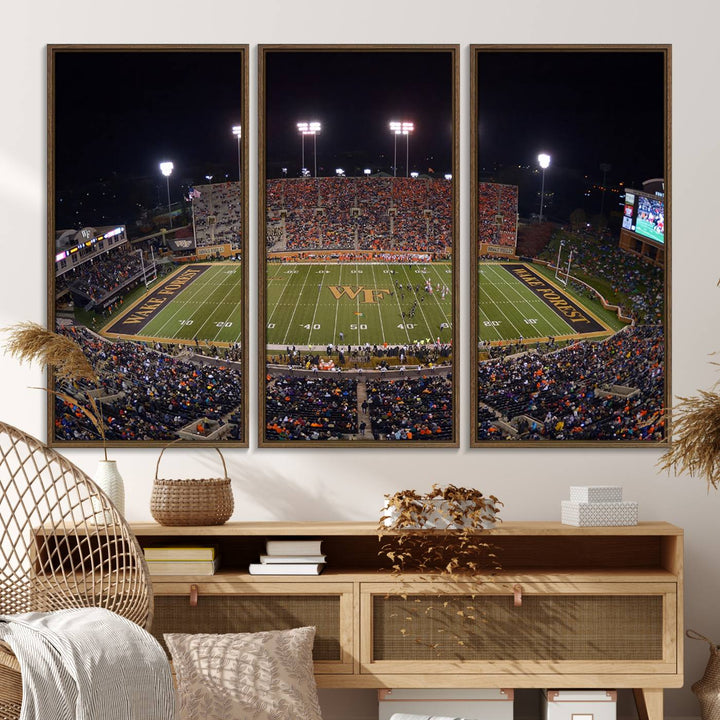 The Demon Deacons stadium print captures a brightly lit, bustling scene on museum-quality canvas.