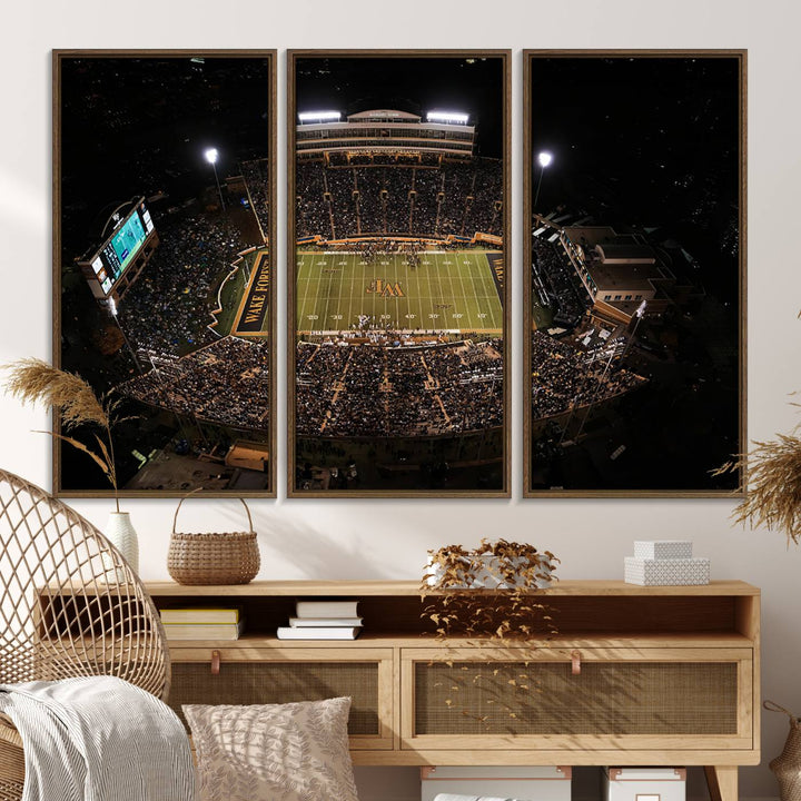 Canvas wall art displays an aerial view of Wake Forest Demon Deacons stadium at night.