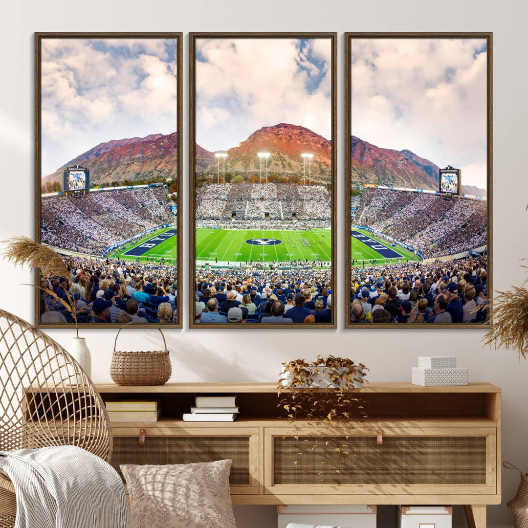 A museum-quality canvas featuring BYU Cougars Football at LaVell Edwards Stadium with a stunning mountain view.