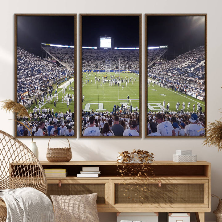 The wall art is a premium canvas of LaVell Edwards Stadium, offering a gallery-quality finish that showcases BYU Cougars pride.