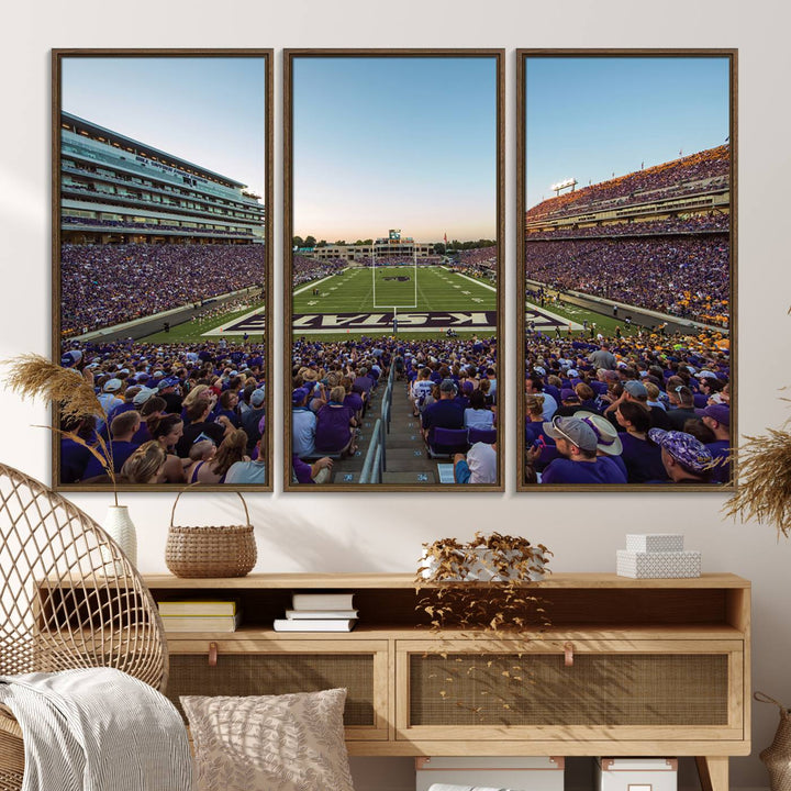 Sunset view of fans in purple at Bill Snyder Family Stadium, captured in a stunning gallery wall art canvas, perfect for a modern living room or office.