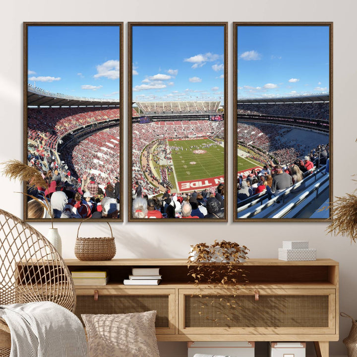 Canvas print of Alabama Crimson Tides Bryant-Denny Stadium, showcasing a sunlit field under a blue sky.