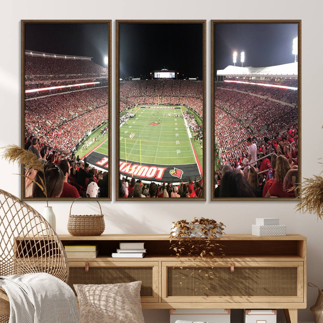 Panoramic view of a crowded football stadium with Louisville in the end zone, crafted as University of Louisville wall art.