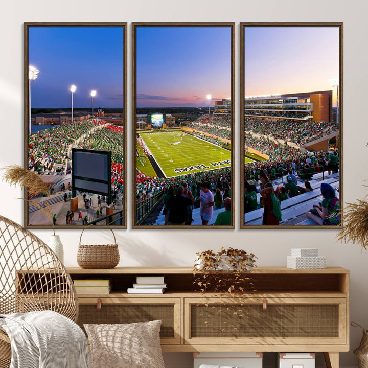 The canvas features Denton DATCU Stadium, OZEKI FIELD, illuminated under the lights and vibrant with fans supporting the University of North Texas.