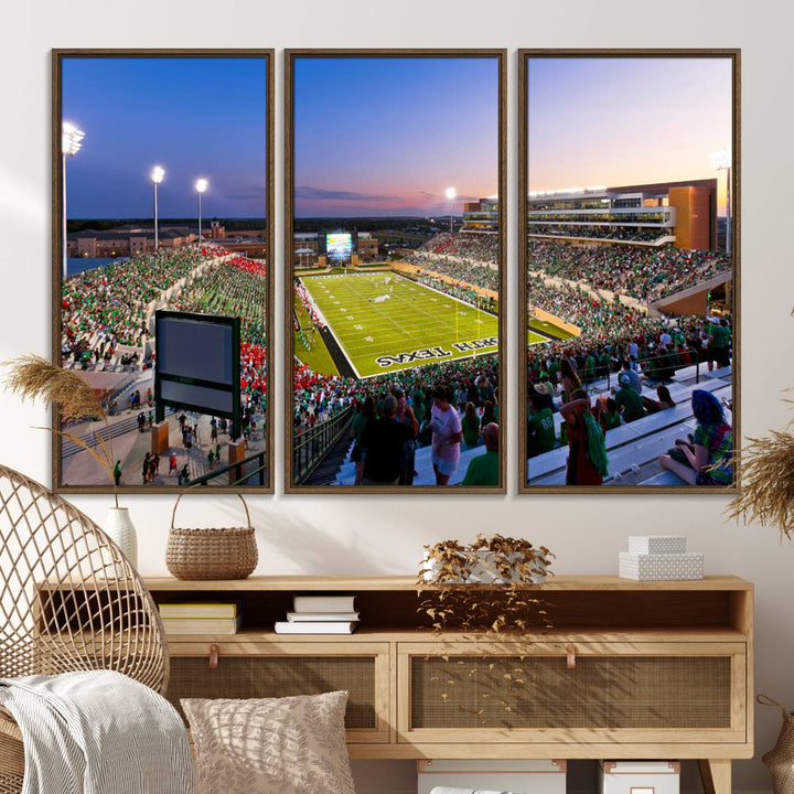 Aerial view of University of North Texas DATCU Stadium at sunset on canvas, showcasing a colorful sky.