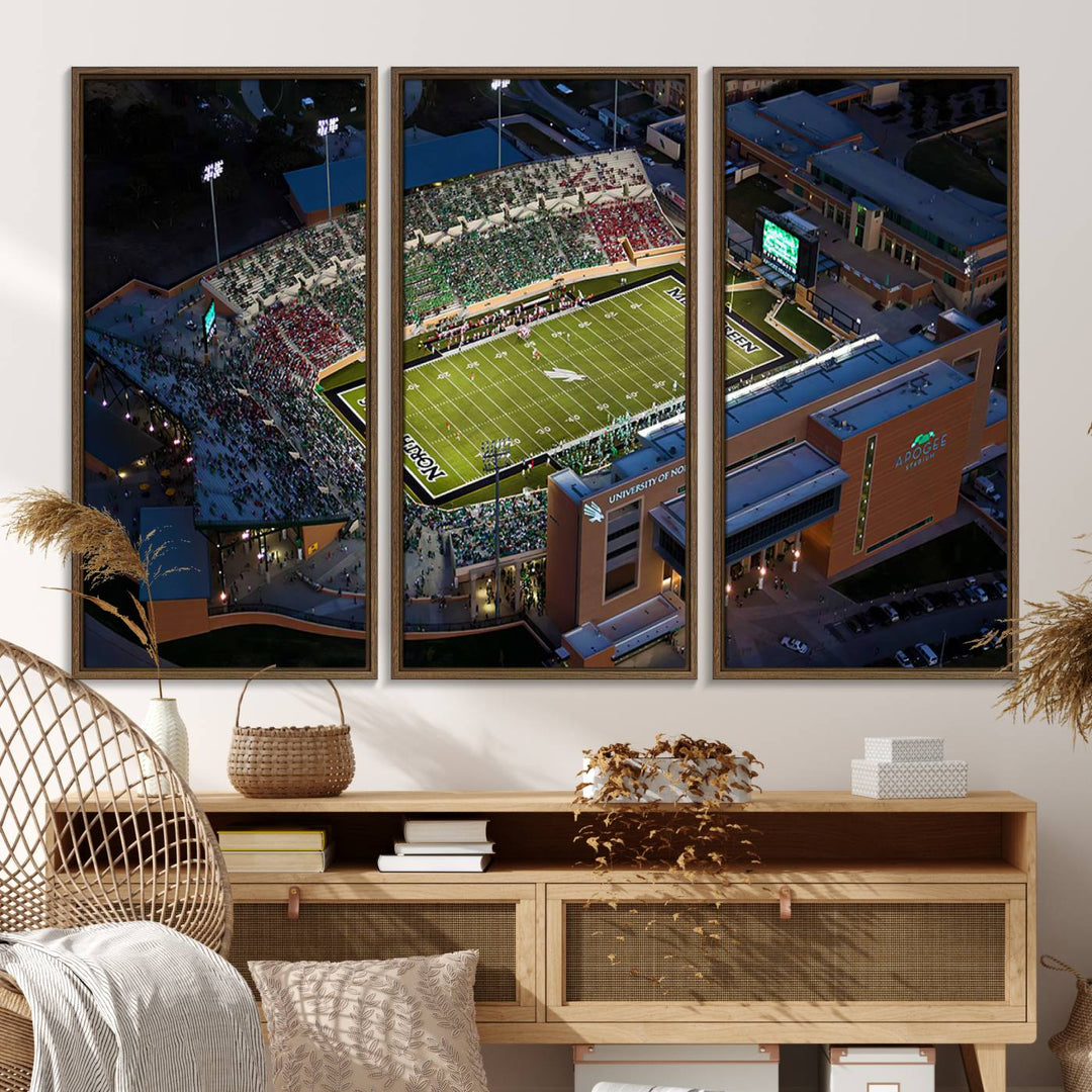 Night aerial view of fans at UNT Mean Green game captured on premium DATCU Stadium canvas wall art print.