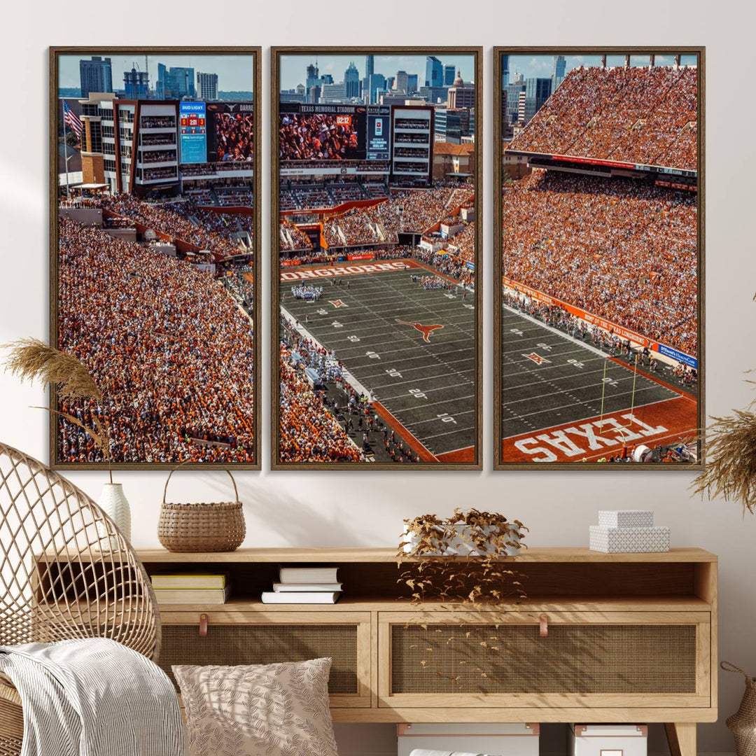 A premium canvas wall art featuring the University of Texas Longhorns stadium, showcasing a vibrant sea of orange.