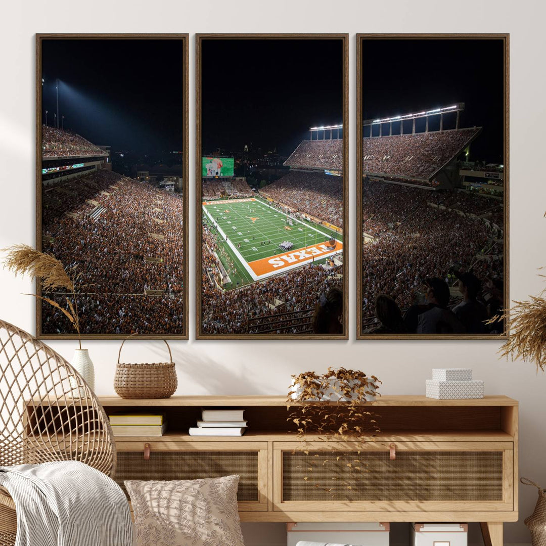A football game at a packed stadium is captured on the University of Texas Longhorns Stadium Canvas Print.