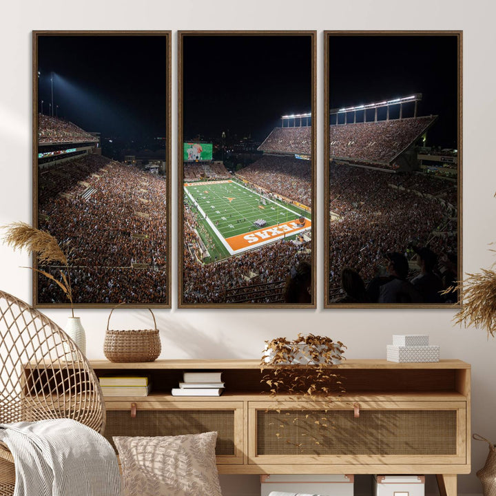 A football game at a packed stadium is captured on the University of Texas Longhorns Stadium Canvas Print.