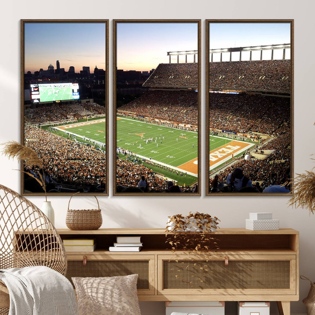 The Evening Game canvas art captures a glowing sunset and skyline at Texas Longhorns Darrell K Royal Stadium.