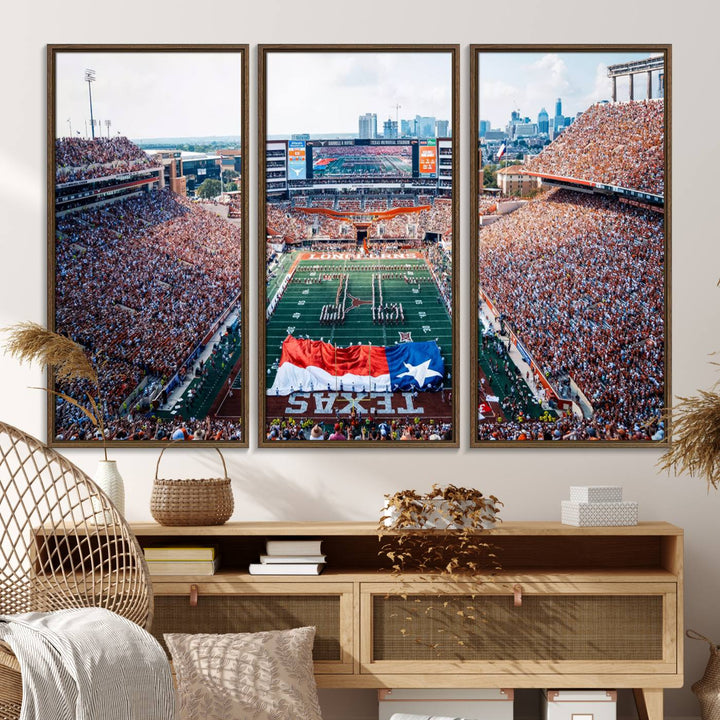 University of Texas Longhorns canvas: A premium print depicting Darrell K Royal-Texas Memorial Stadium with the city skyline and Texas flag.