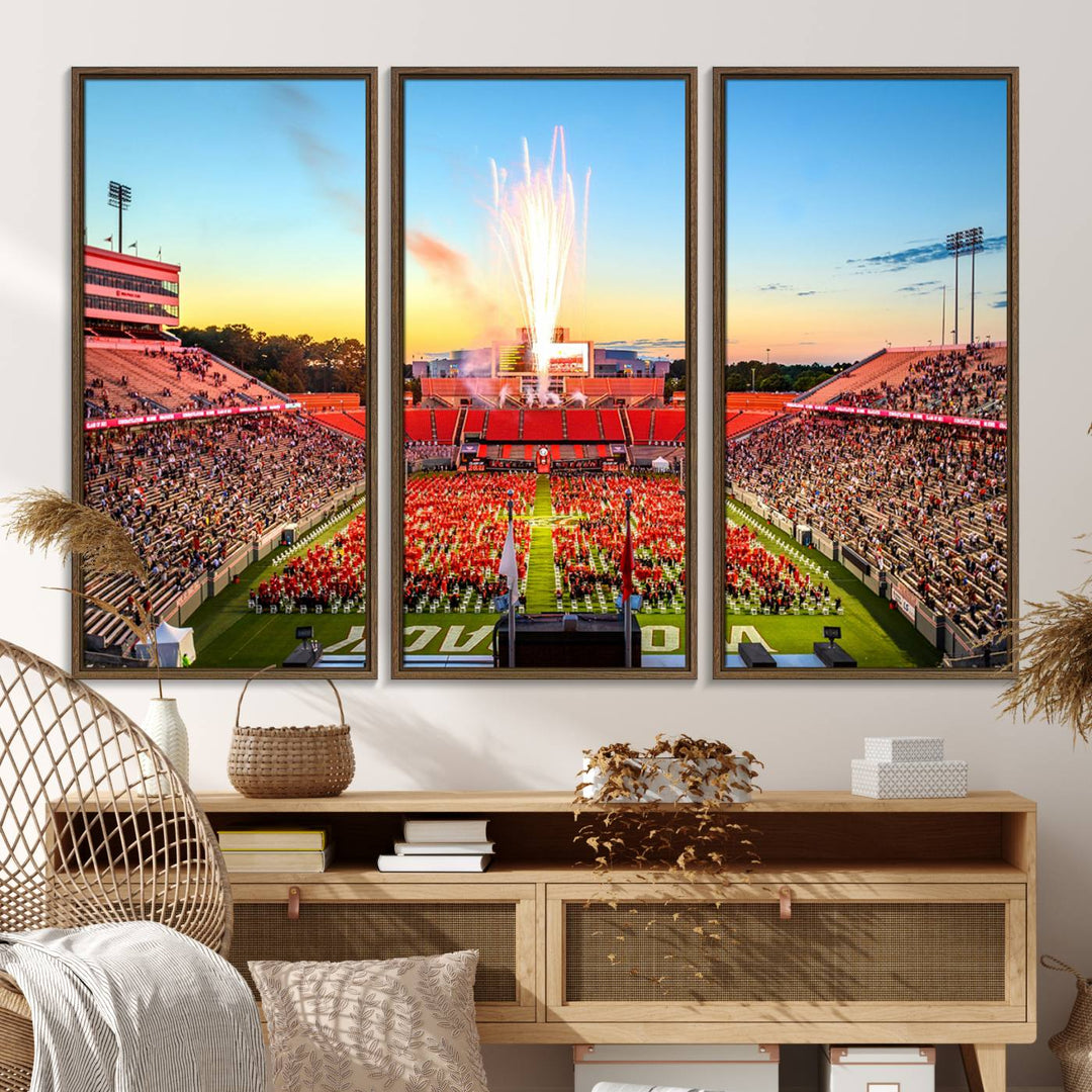 A vibrant North Carolina State University Wolfpack print, capturing a people-filled stadium, fireworks, and a sunset—perfect for your living room wall.