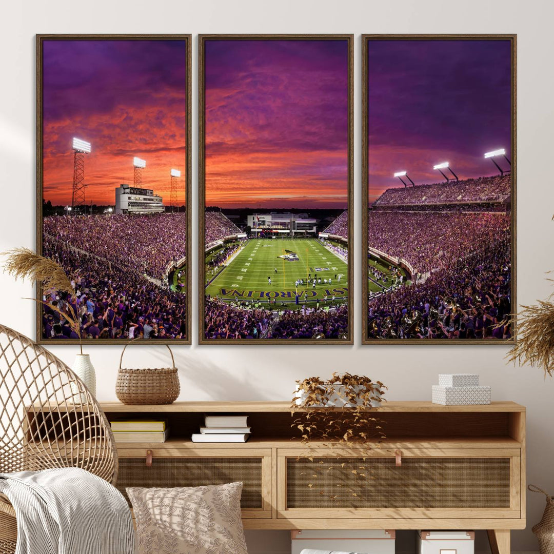 A sunset over Dowdy-Ficklen Stadium, Greenville, captured on museum quality canvas with vibrant purple and orange skies.