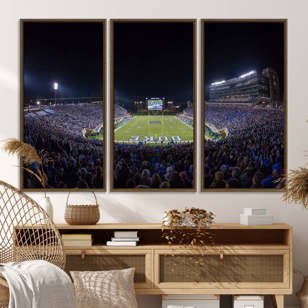 Under bright lights at night, the Duke Blue Devils Football Team Durham canvas wall art print is prominently displayed.