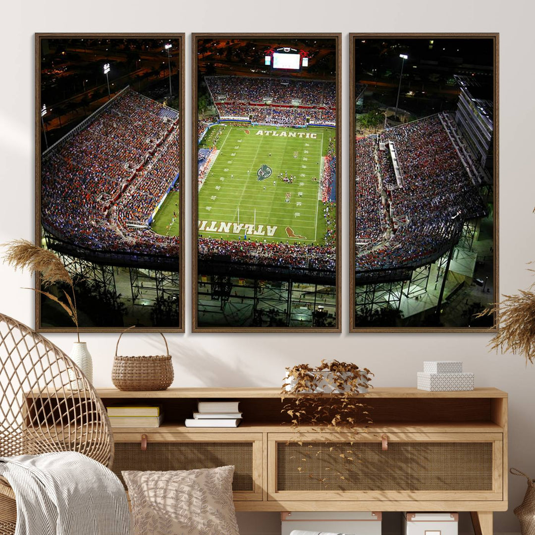 Gallery-quality wall art complements the view of the FAU Stadium with Florida Atlantic University Owls on the field in a night aerial setting.