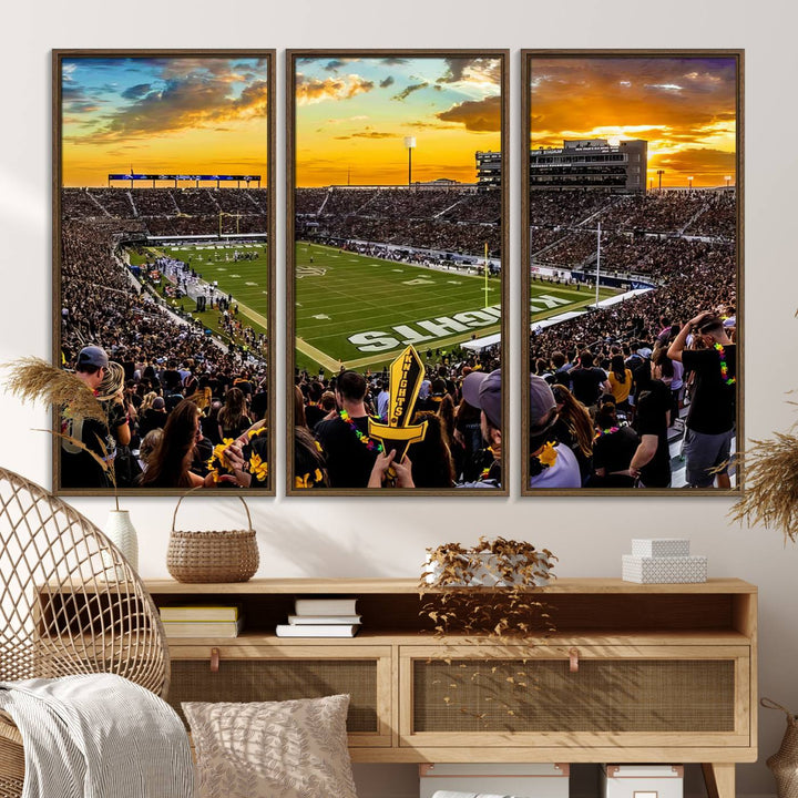 A sunset football game at UCFs Stadium—ideal as a premium wall art canvas print for your home.