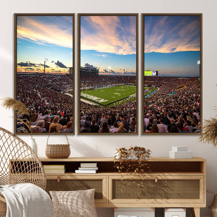 A vibrant wall art canvas captures a sunset scene at Orlandos FBC Mortgage Stadium, featuring the UCF Knights.