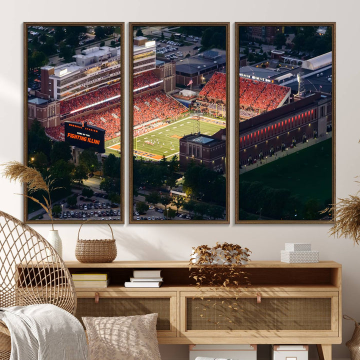 Aerial view of the University of Illinois Memorial Stadium on premium canvas, capturing buildings and greenery at dusk.