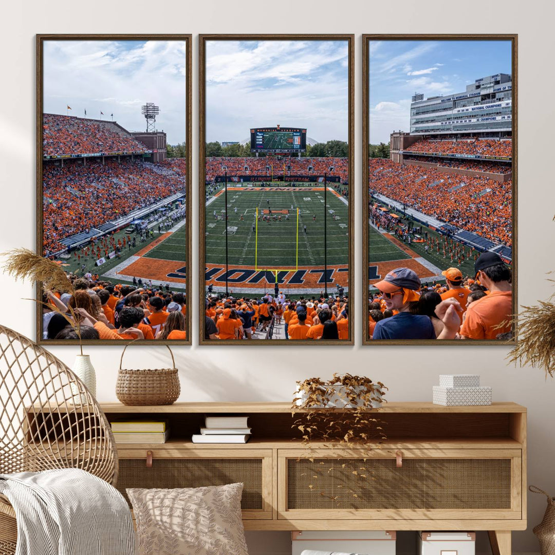 The Illinois stadium packed with orange-clad fans makes for a premium University of Illinois canvas wall art.