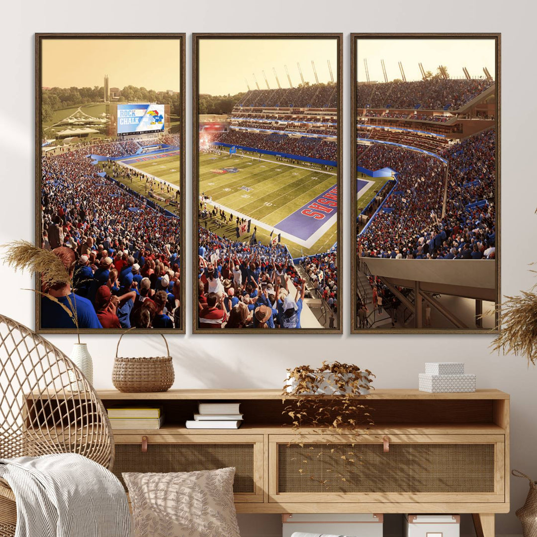 A premium University of Kansas Jayhawks Football Team canvas print captures the essence of a sunset football game, filling the stadium with vibrant energy.