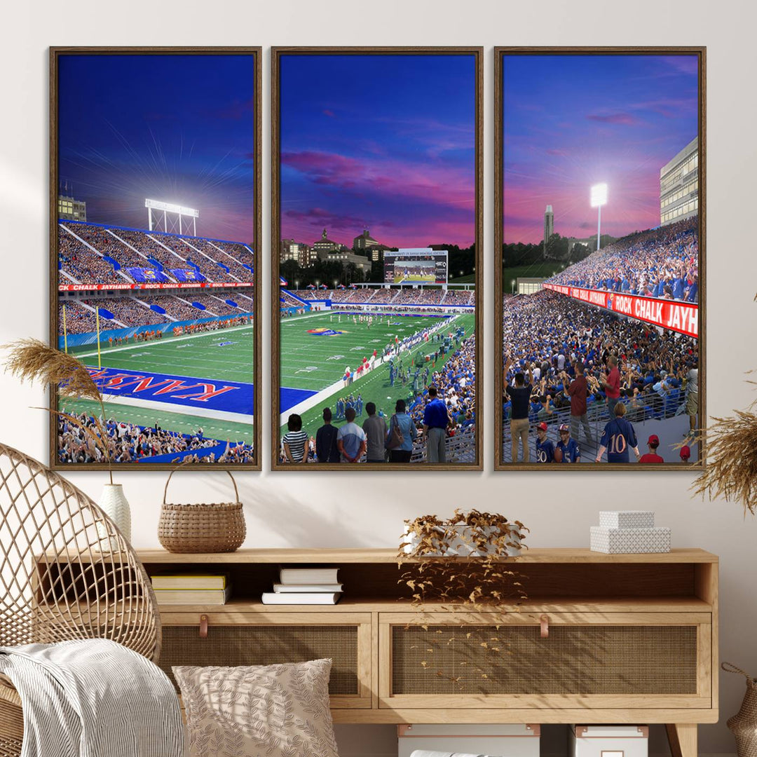 A canvas art piece depicting the Kansas Jayhawks stadium at twilight, vibrant in a modern setting.