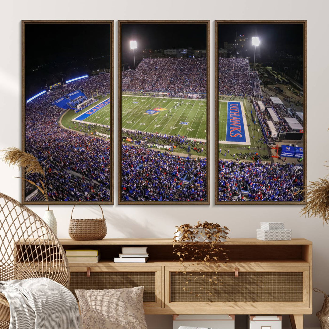 A canvas depicting an aerial view of the University of Kansas Memorial Stadium, showcasing bright lights and a lush green field at night.