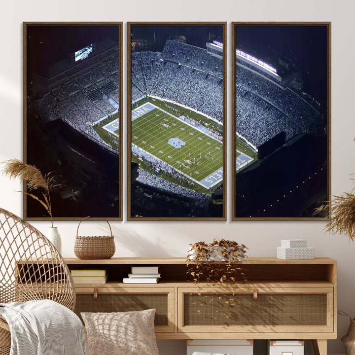 Aerial view of UNC Tar Heels night game at Kenan Memorial Stadium, perfect wall art canvas for fans.