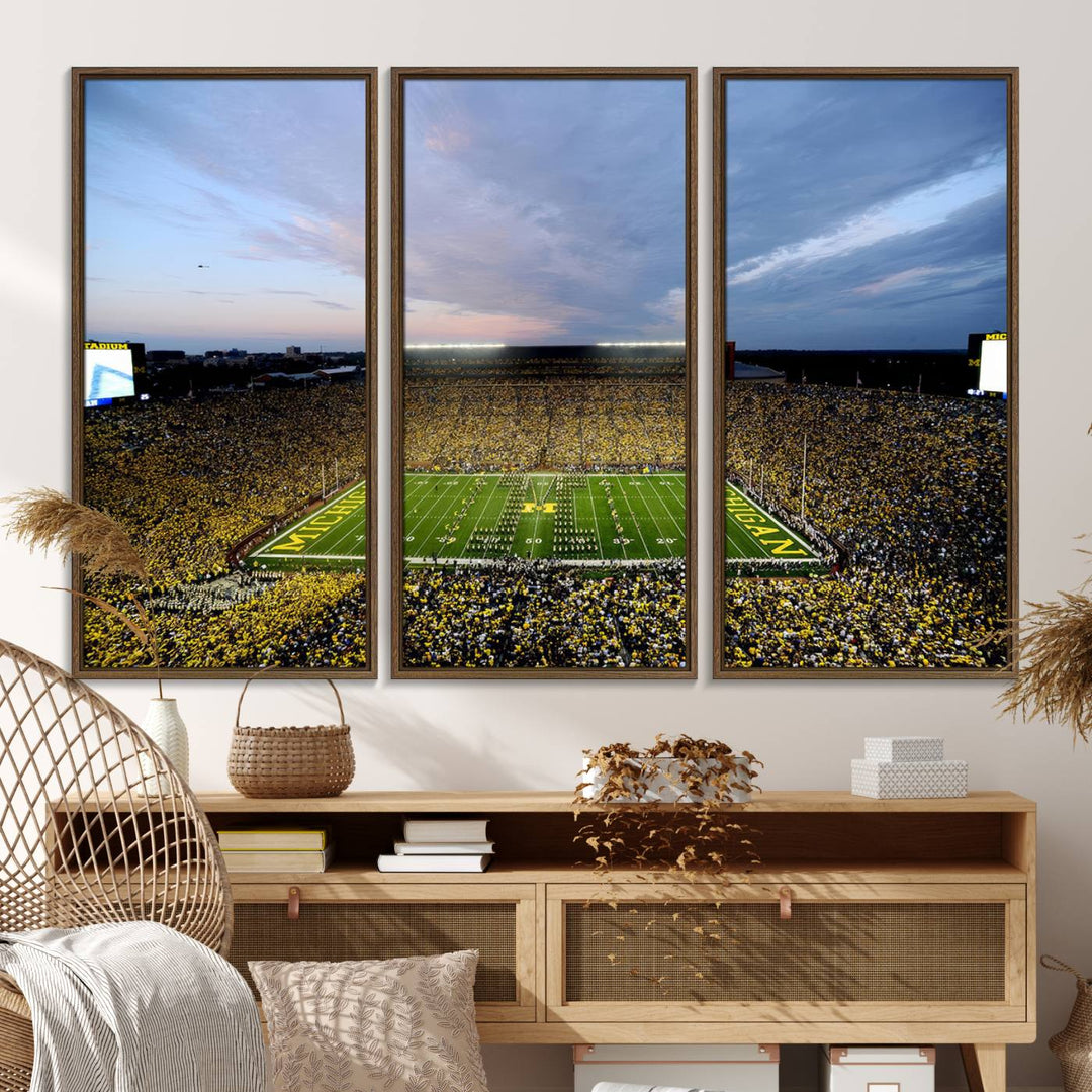 Gallery-quality canvas print of Michigan Stadium at sunset.