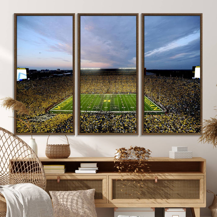 Gallery-quality canvas print of Michigan Stadium at sunset.