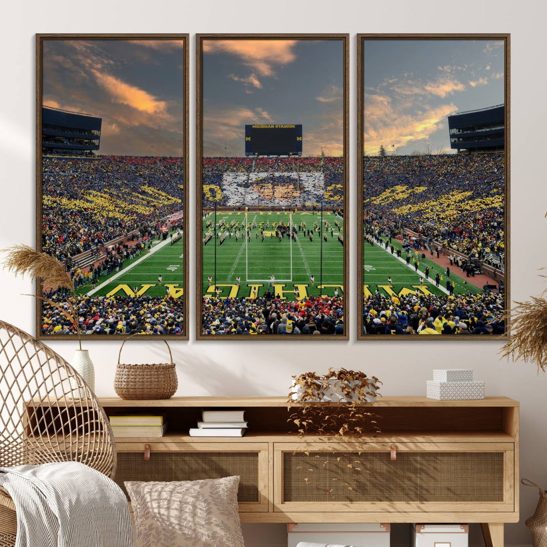 A giant image resembling Michigan Wolverines Wall Art depicts a football field beneath a dramatic sky.