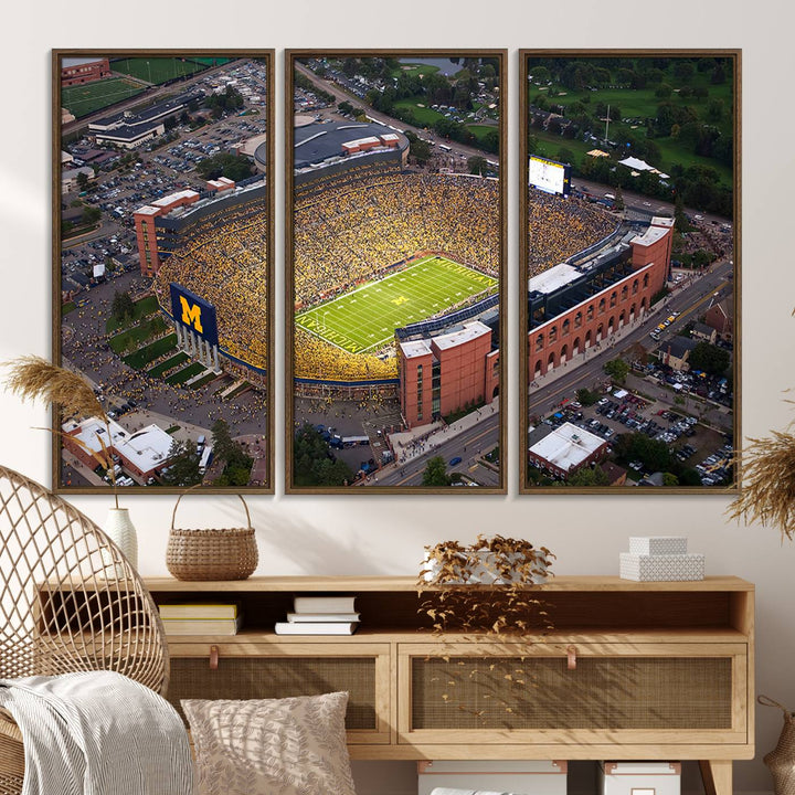 Canvas print featuring an aerial view of Ann Arbor Michigan Stadium filled with Wolverines fans.