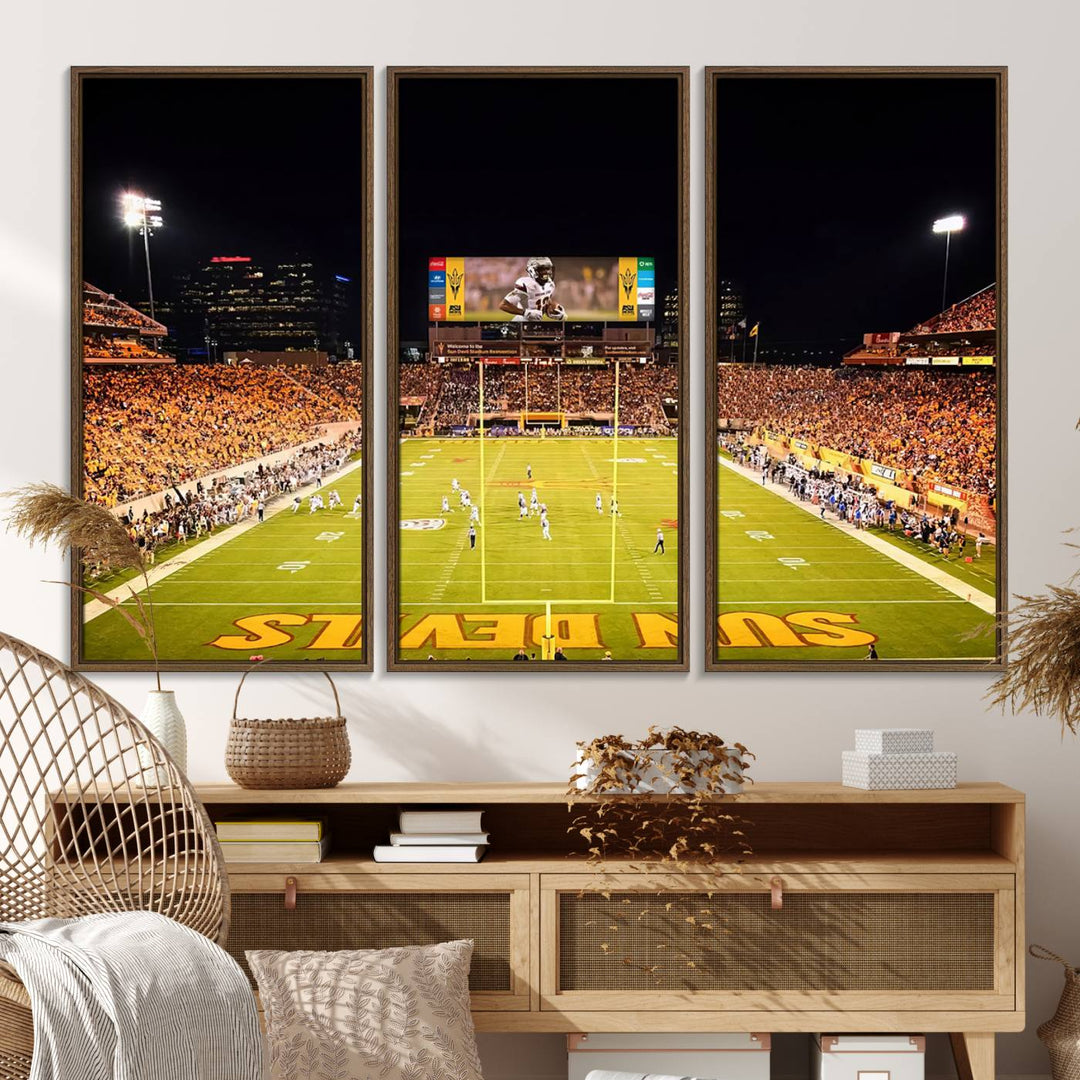 ASU Sun Devils Football Team Print - Wall Art Canvas featuring the Sun Devils end zone at Phoenix Mountain America Stadium.