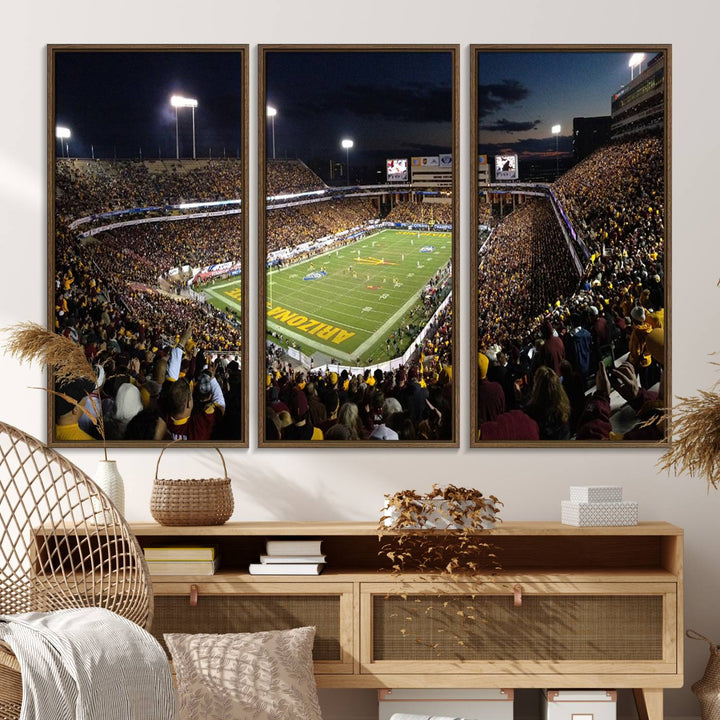 A room featuring an ASU Sun Devils Football Team Print, capturing fans at Phoenix Mountain America Stadium at dusk.