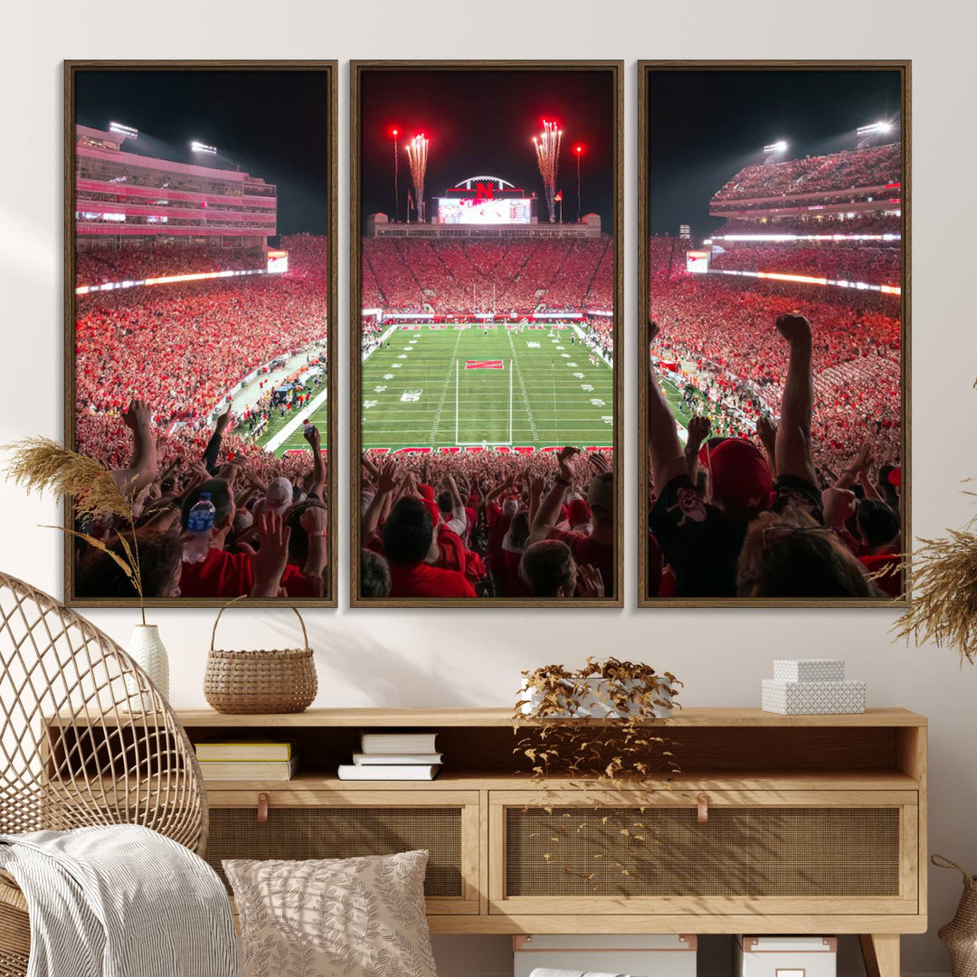 A vibrant canvas print of the Lincoln Memorial Stadium at night with fireworks, featuring the University of Nebraska Cornhuskers Football.