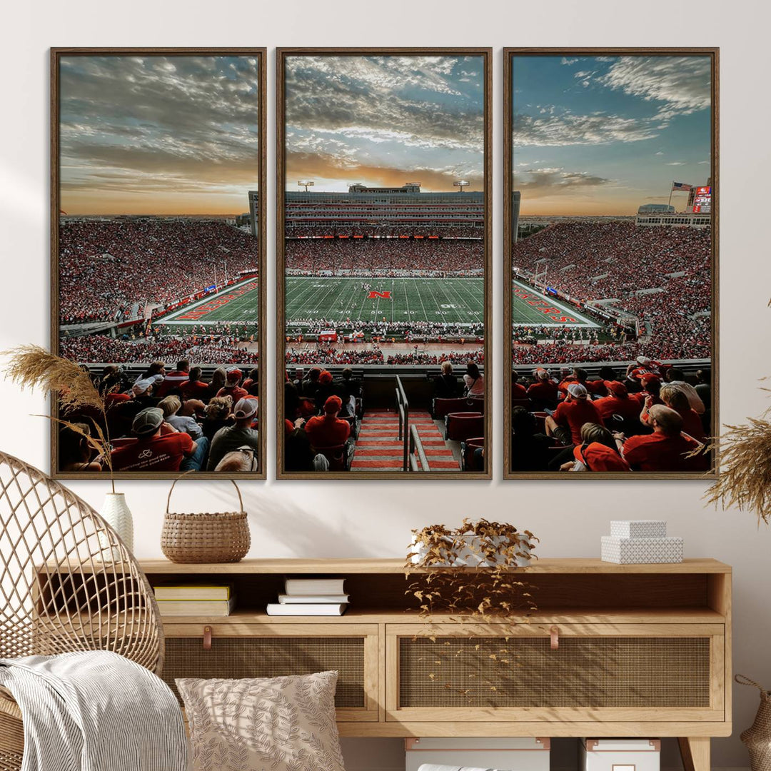 This stunning canvas wall art print features a packed Lincoln Memorial Stadium with the University of Nebraska Cornhuskers at sunset.