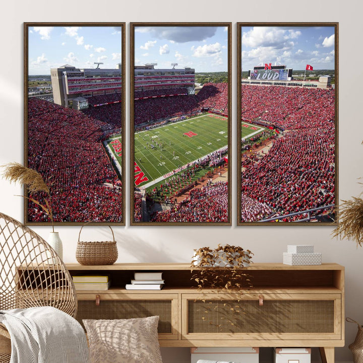 Wall art canvas print depicting a wide-angle view of Lincoln Memorial Stadium during a University of Nebraska game.