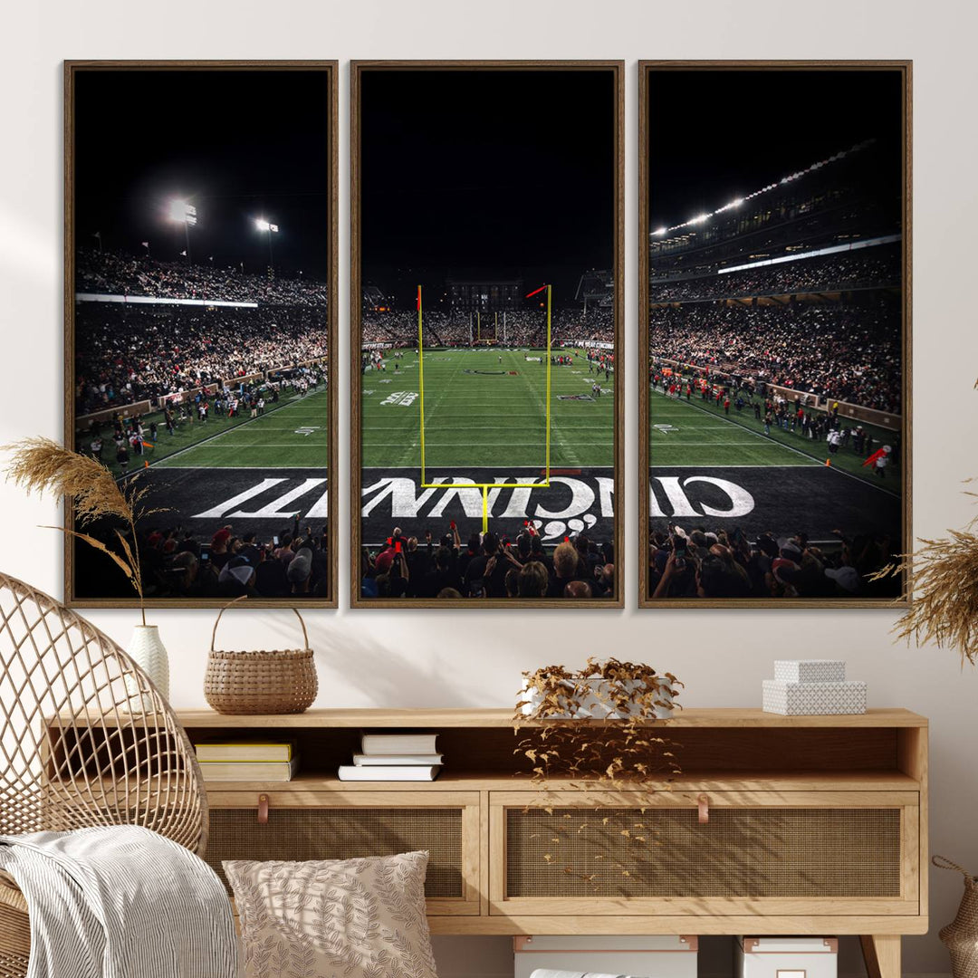 Interior view featuring a Cincinnati Bearcats football canvas of Nippert Stadium.