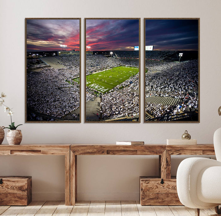 A sunset print on a canvas wall art piece captures the scene of white-clad fans at Beaver Stadium for the Nittany Lions game.