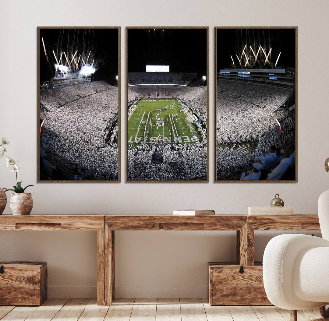 Wide-angle print of a packed stadium with fireworks, ideal gallery-quality wall art - Penn State Nittany Lions Canvas.